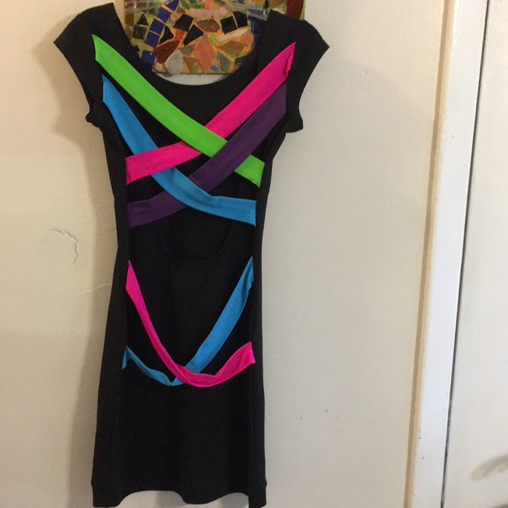 Très Bien Black Bodycon Dress w/Multi Color Bands - Picture 2 of 6
